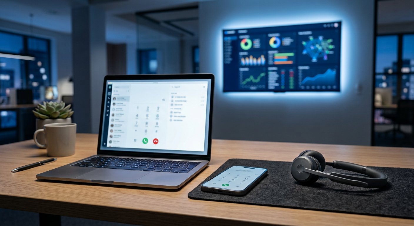 Application softphone 3CX ouverte sur ordinateur et smartphone dans un bureau moderne à Casablanca