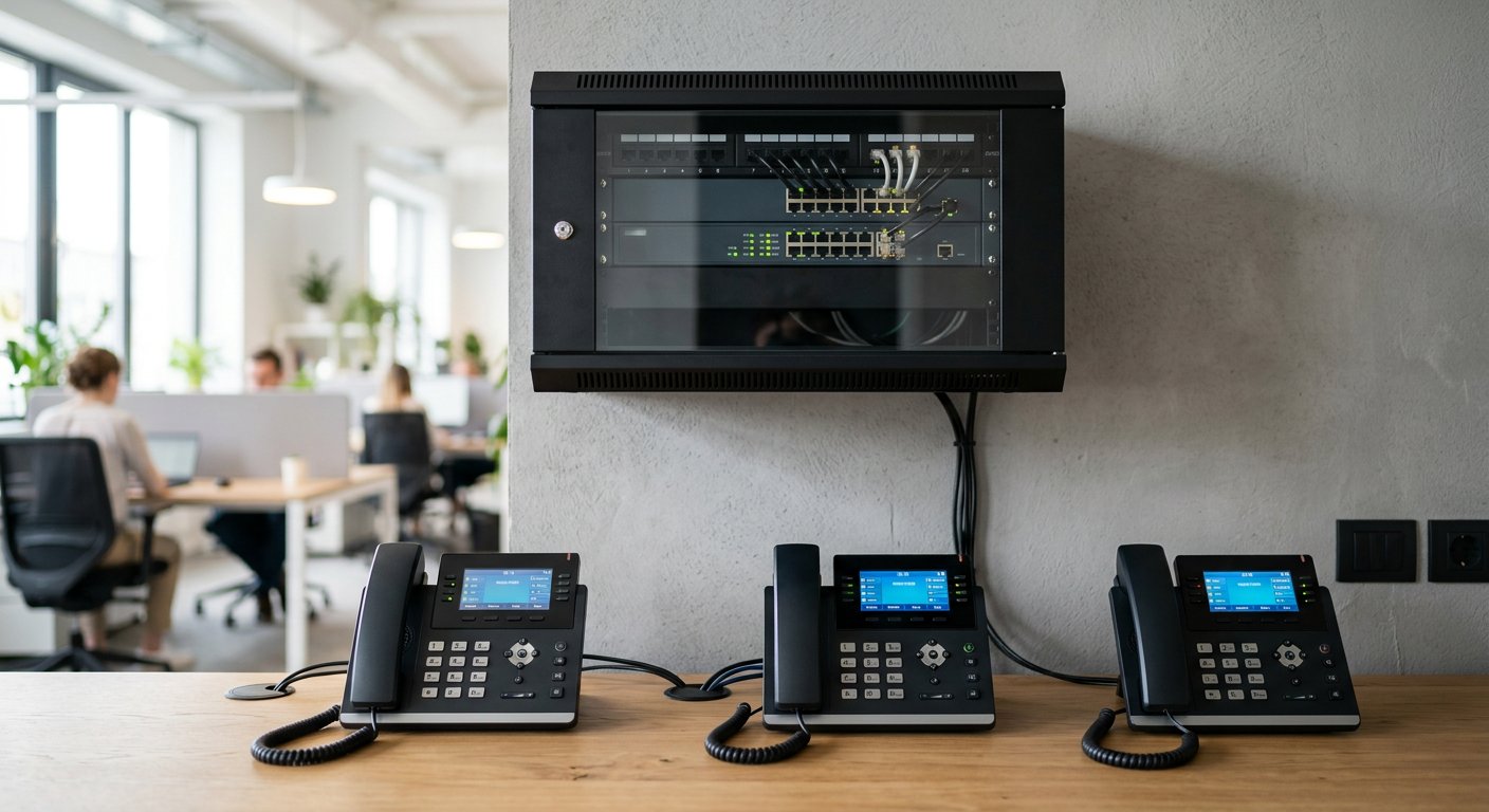 IPBX Grandstream monté en baie avec une rangée de téléphones IP de bureau à Casablanca