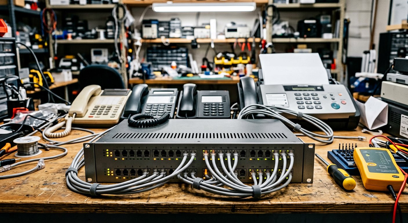 Passerelle VoIP OpenVox avec postes analogiques et fax raccordés sur un établi technique