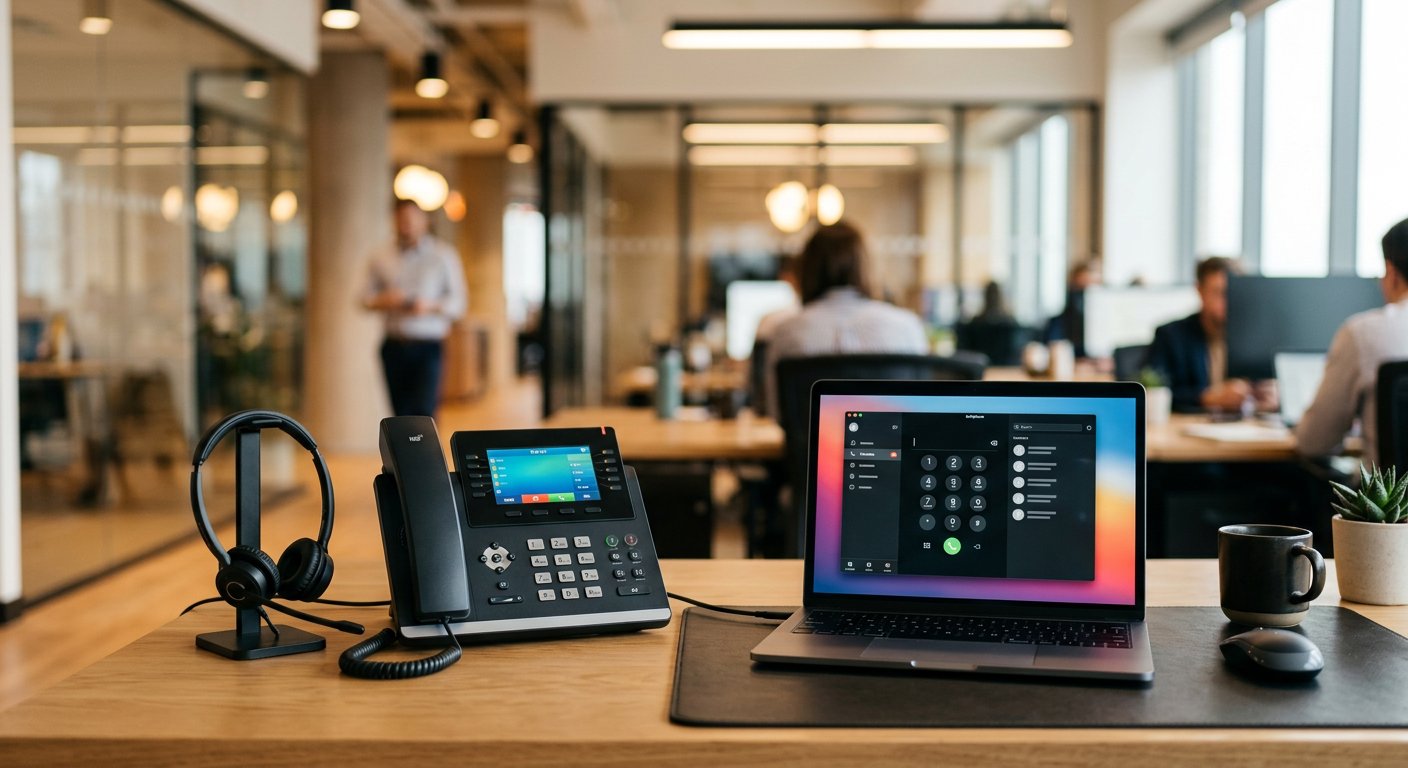 Standard téléphonique IP avec téléphone de bureau et softphone pour entreprise au Maroc